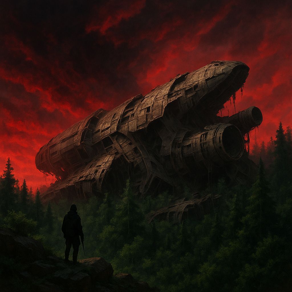 Surreal Post-Apocalyptic Landscape with Crimson Sky and Spac...