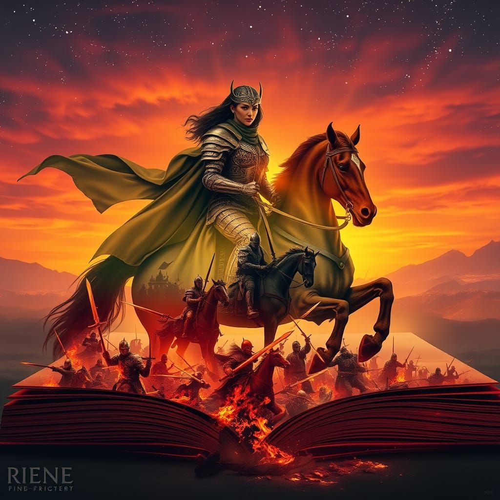Regal Warrior Riding Majestic Horse within Mystical Book of ...