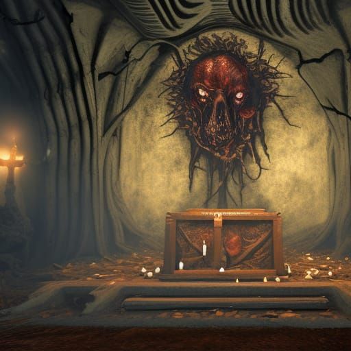 Zombie Goat Skull Altar in Catacombs: Detailed Matte Paintin...