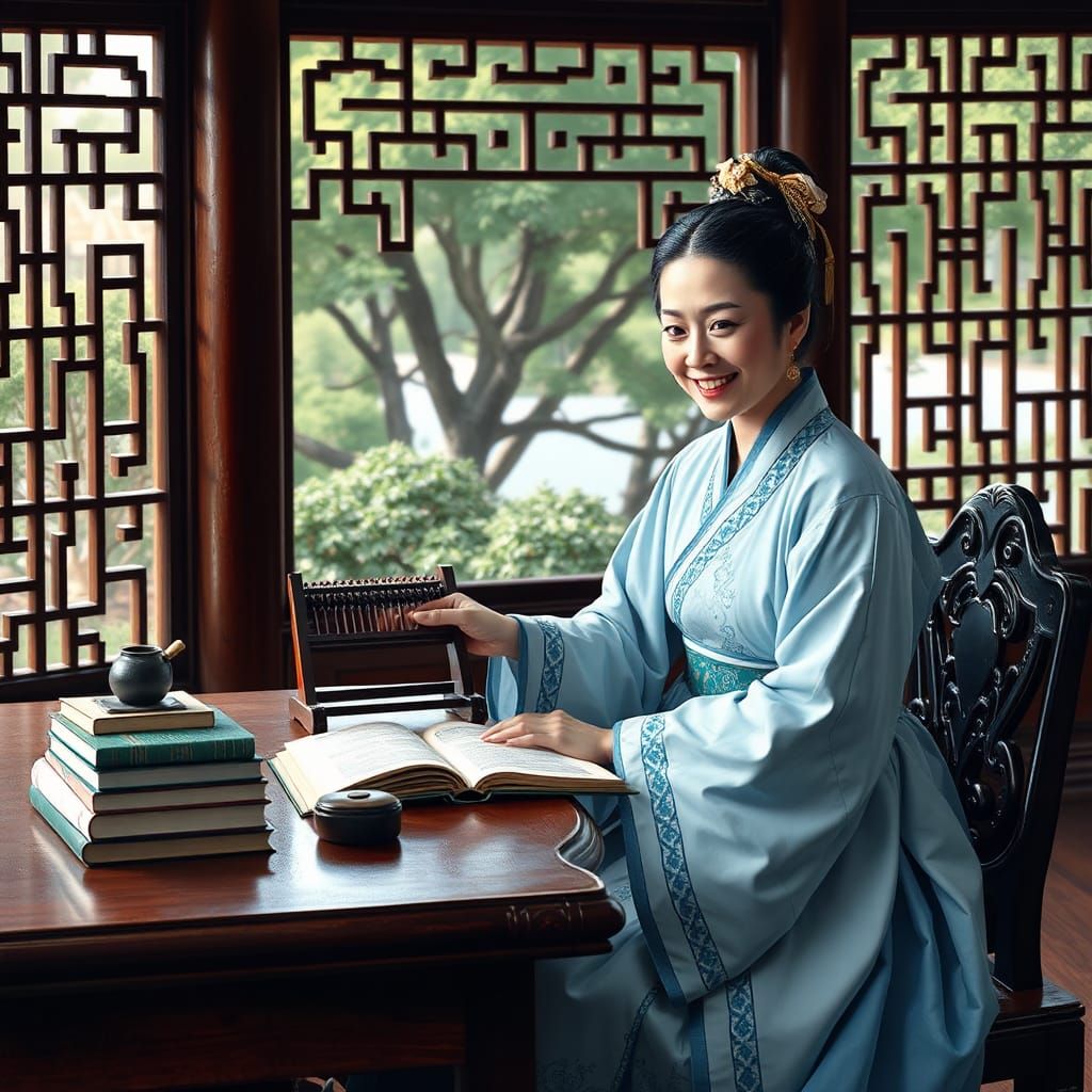 Chinese Woman with Abacus in Oil Painting Style