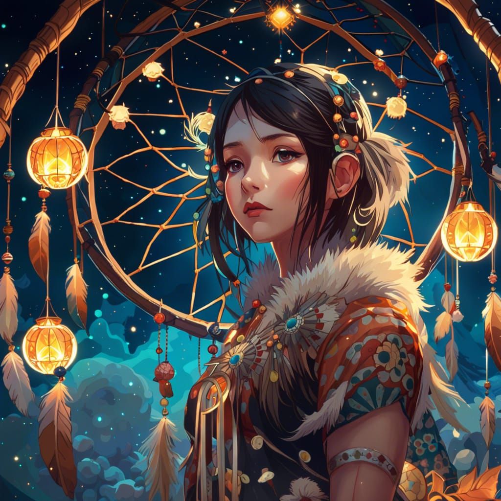 Anime Girl with Dreamcatcher in Space, Digital Art