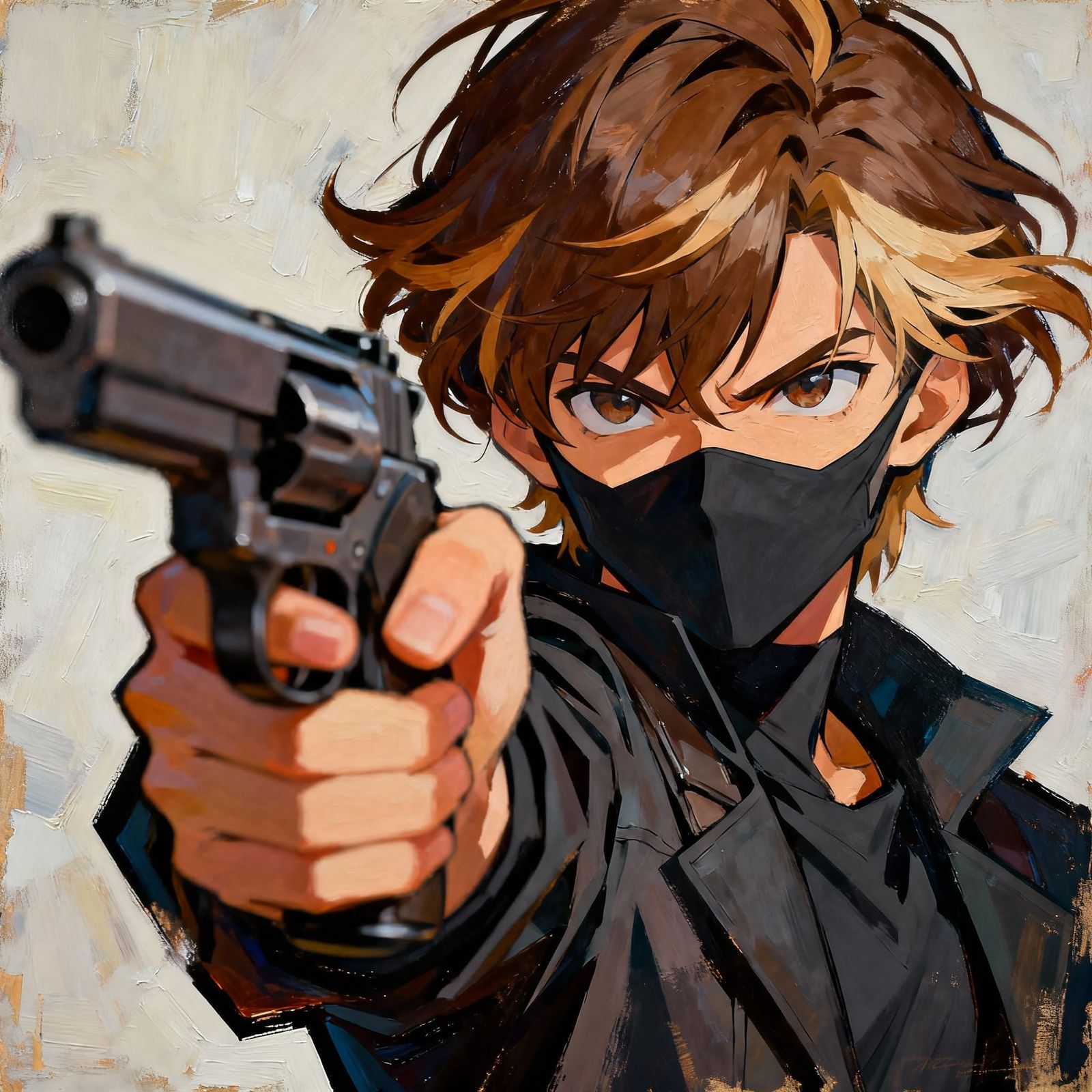 Anime Character Aims Gun in Dynamic Oil Painting Style