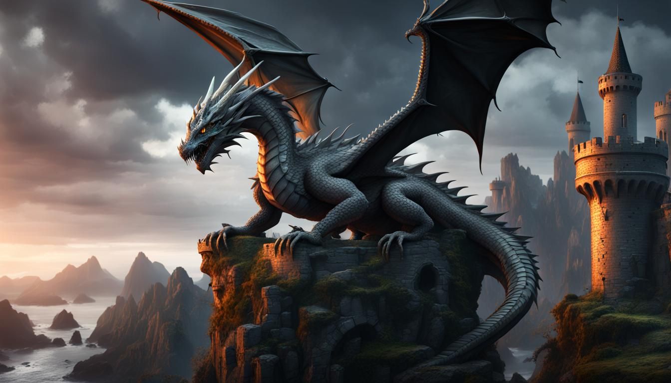 Dragon Resting on Castle Ruins in Dark Fantasy Style