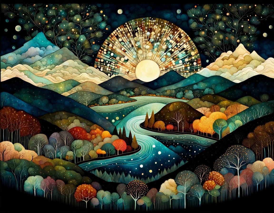 Detailed Night Sky Collage with River and Hills