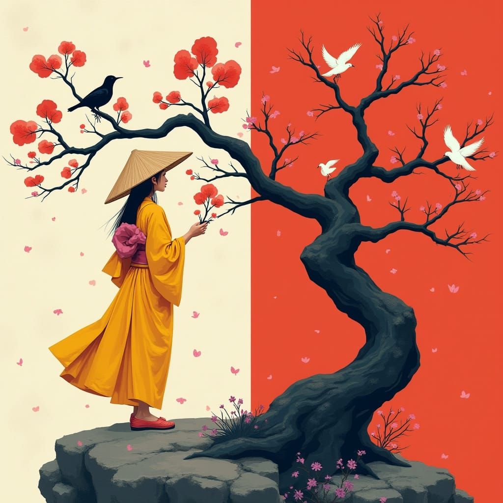 Woman in Kimono with Red Clouds, Japanese Art Style