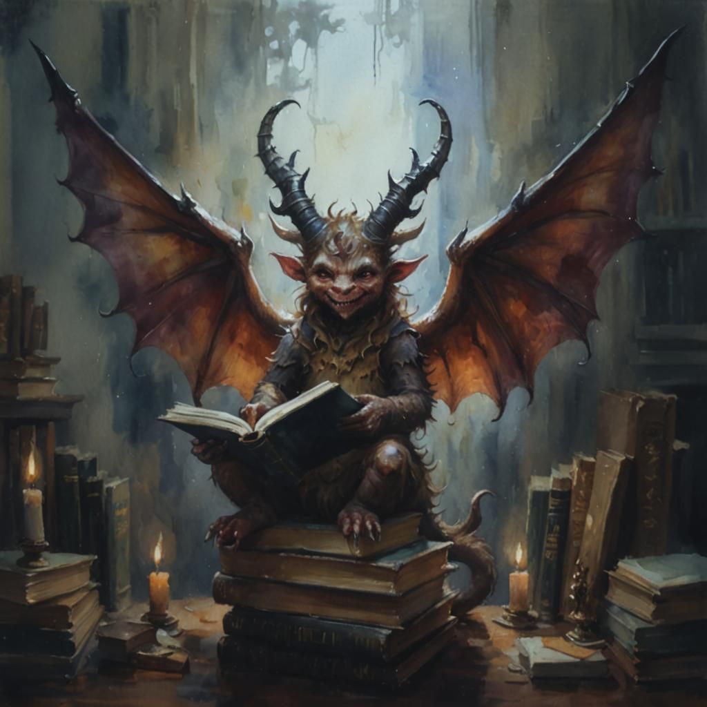 Impressionist Demon in Library Watercolor Painting
