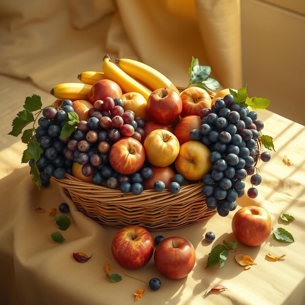 Hyperrealistic Fruit Basket in Golden Light