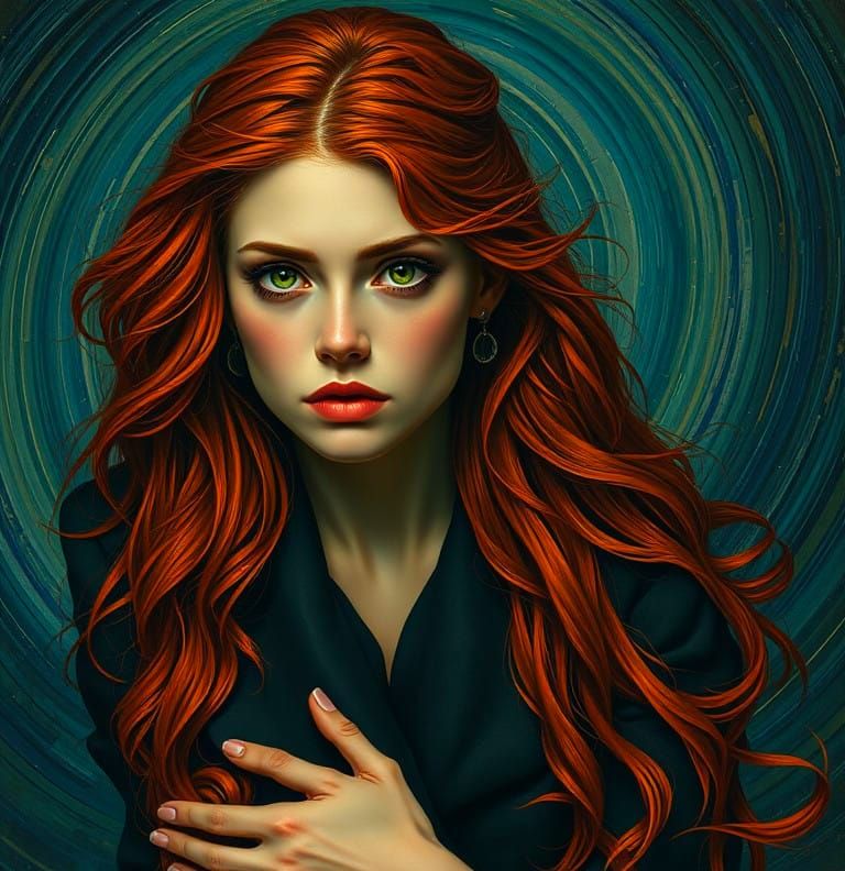 Green Eyed Woman With Long Ruby Red Hair