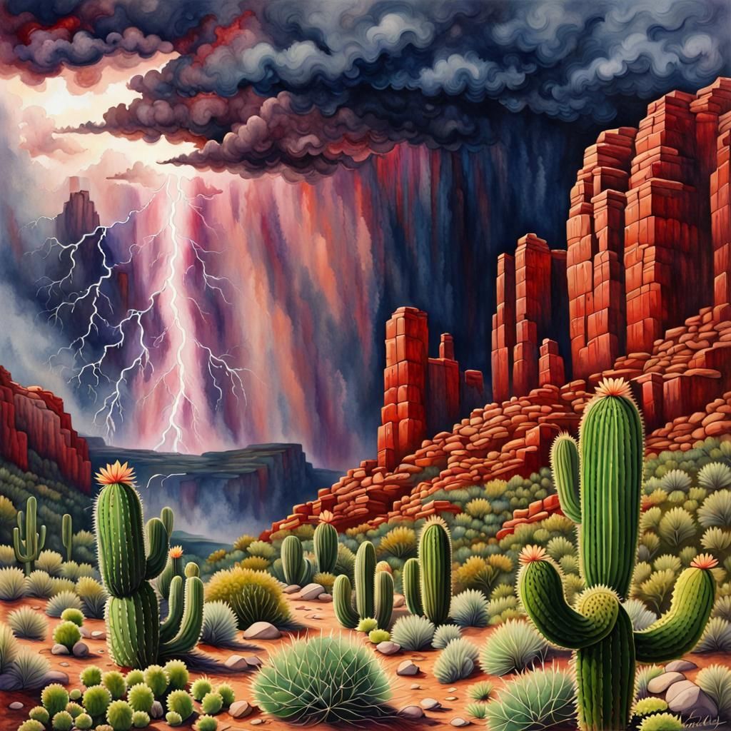 Cowboy Rides into Crimson Canyon Thunderstorm, Watercolor St...
