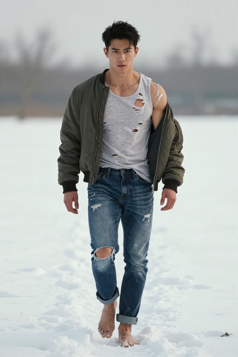 Barefoot Man Wanders Snowy Landscape in Ripped Clothes