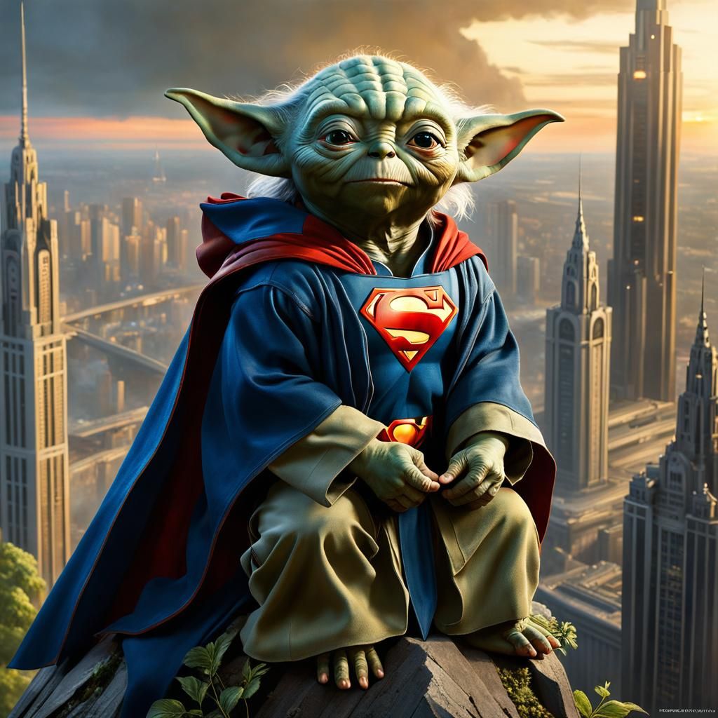 Yoda as Superman: Dark Fantasy Cityscape