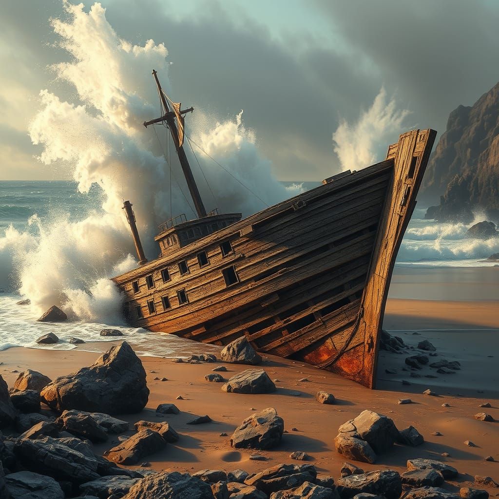Ancient Shipwreck Exposed on Rocky Beach in Dramatic Scene