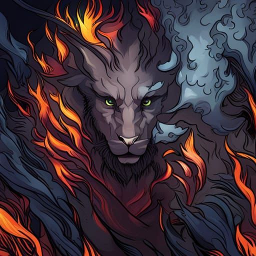 Lion-Headed Man in Bushfire, Hyperdetailed Portrait