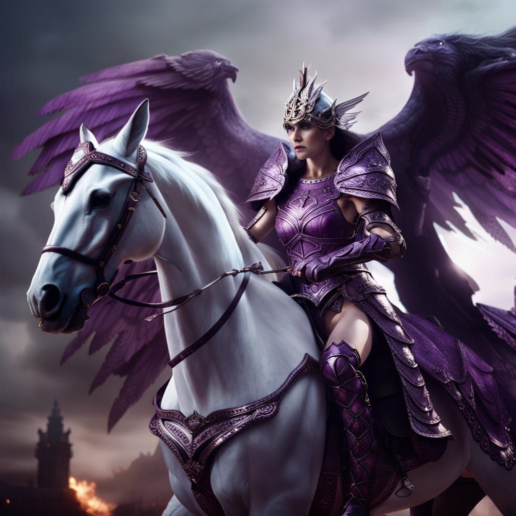 Woman in Gothic Armor on Horseback Fighting Demons