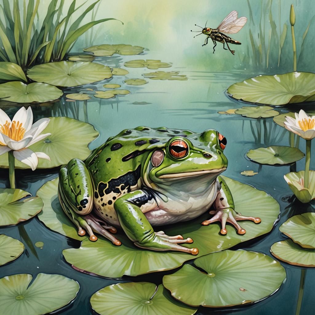 Green Frog Captures Fly in Watercolor Style