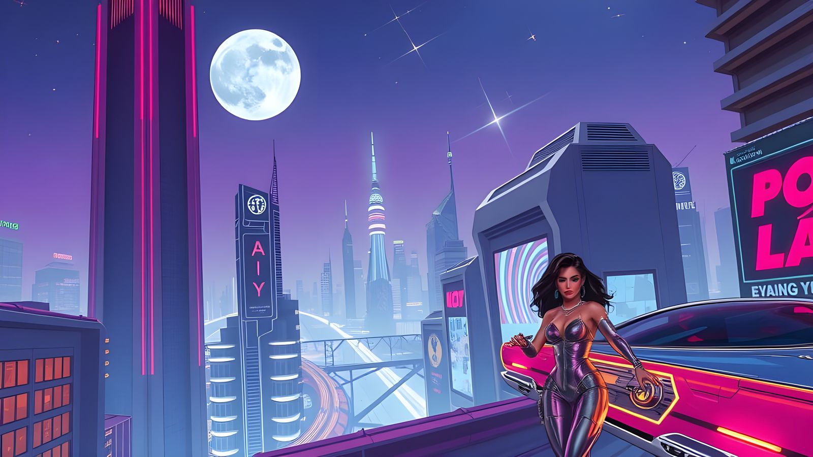 Retro-Futuristic Cityscape with Neon Lights in Cyberpunk Sty...