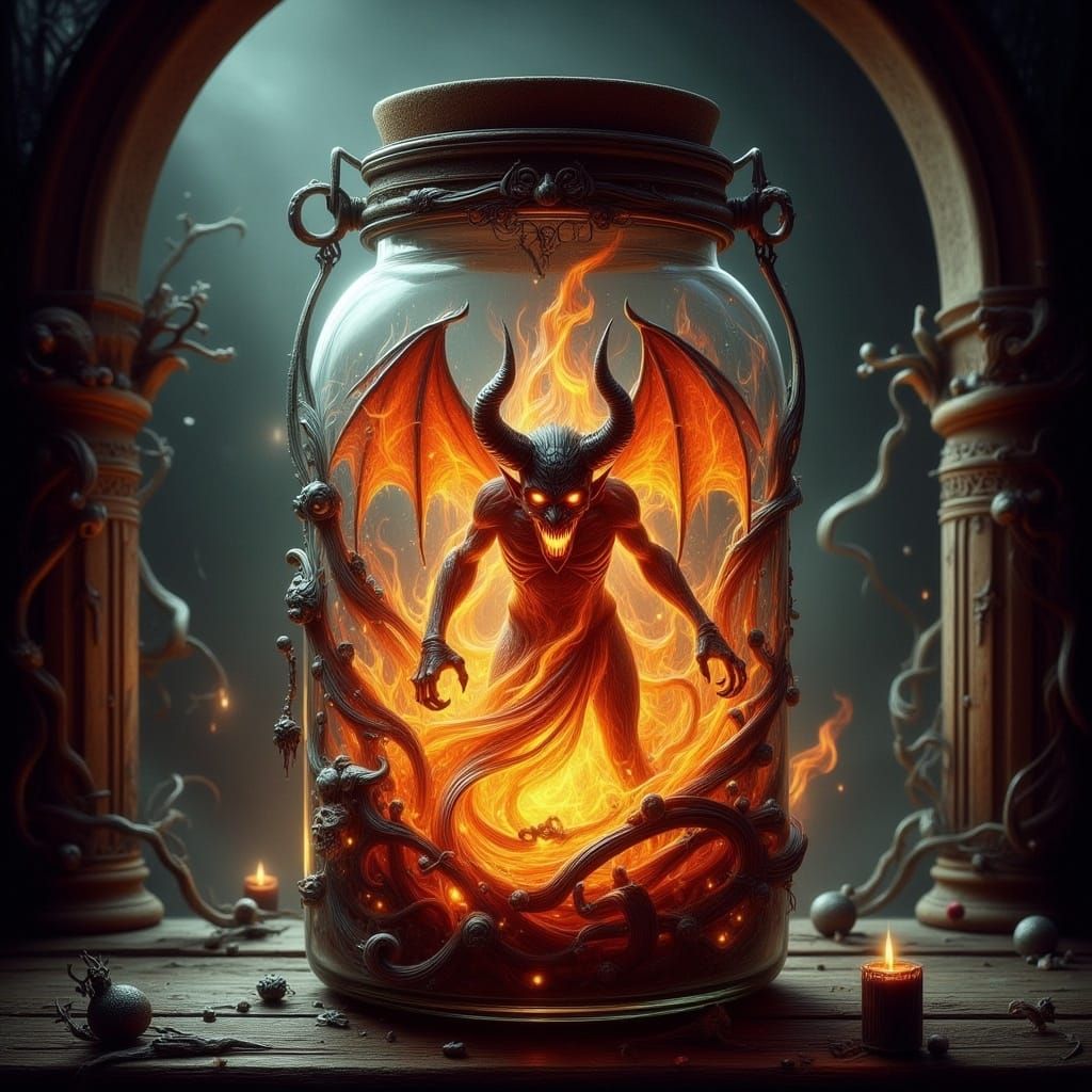 Fiery Devil Entity in Jar, Mystical Art
