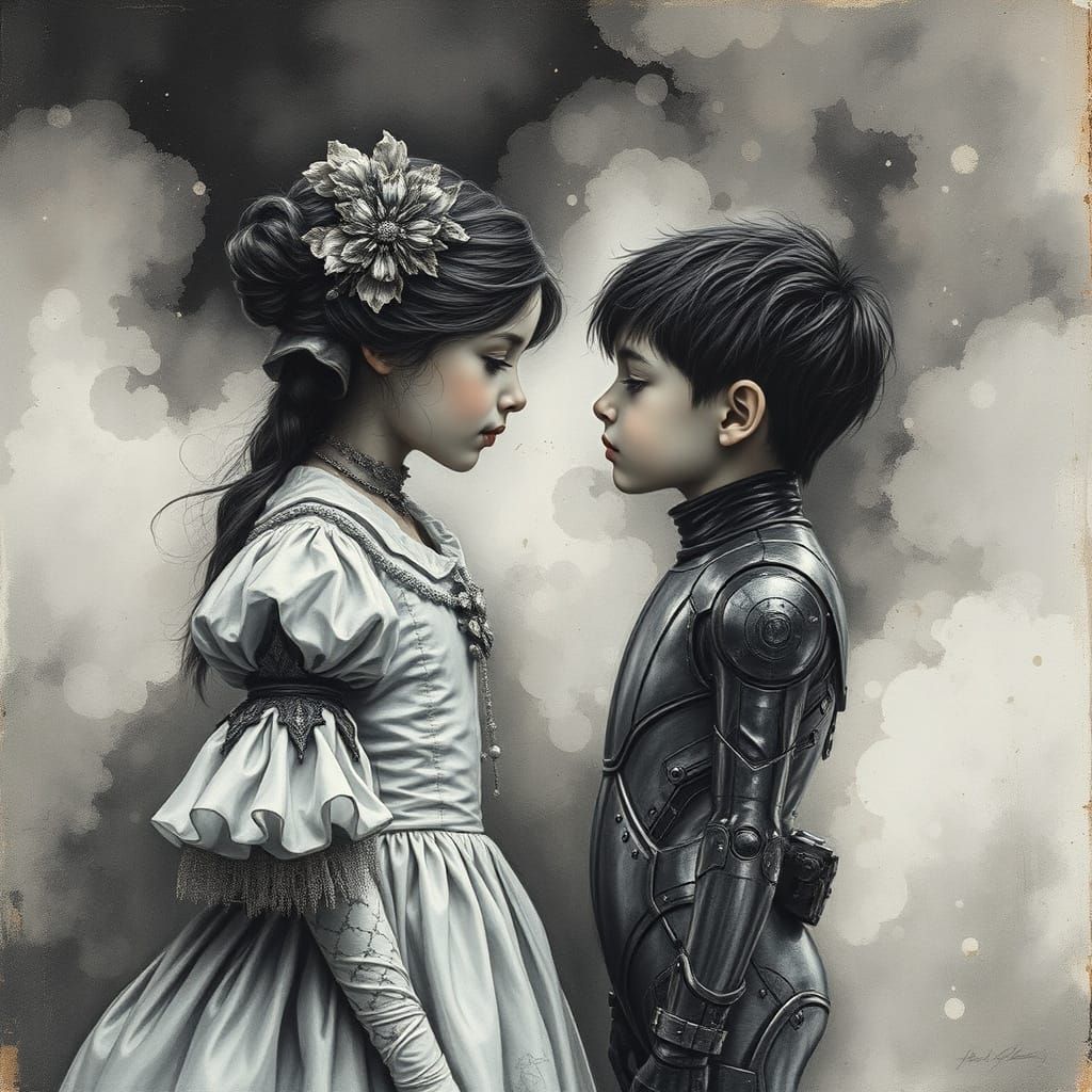 Victorian Girl and Futuristic Boy in Dreamlike Atmosphere