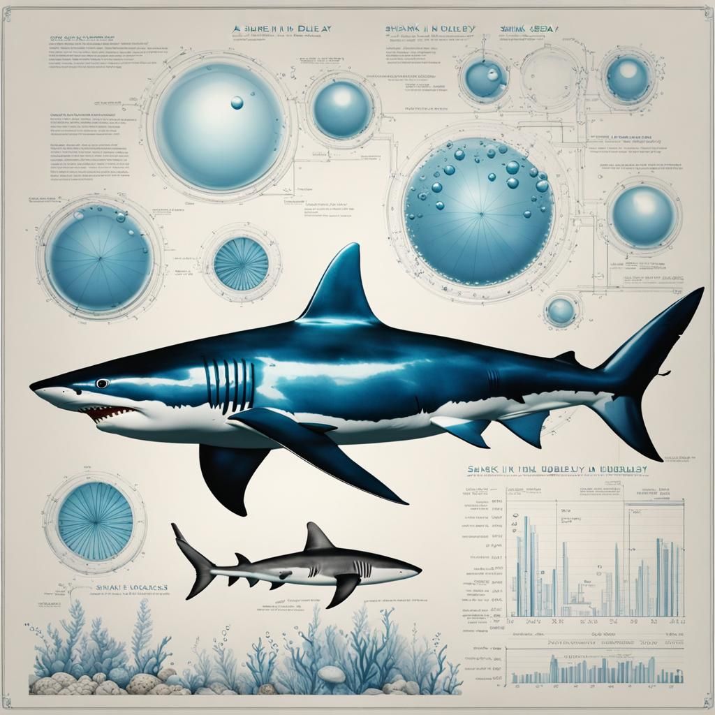 Detailed Blueprint of a Shark in Bubbly Sea
