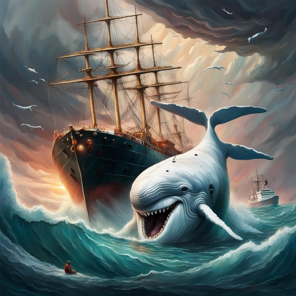 stormy sky. giant white whale swimming away from whaling ship after sinking it. whale is huge. ship wreckage on the wa...