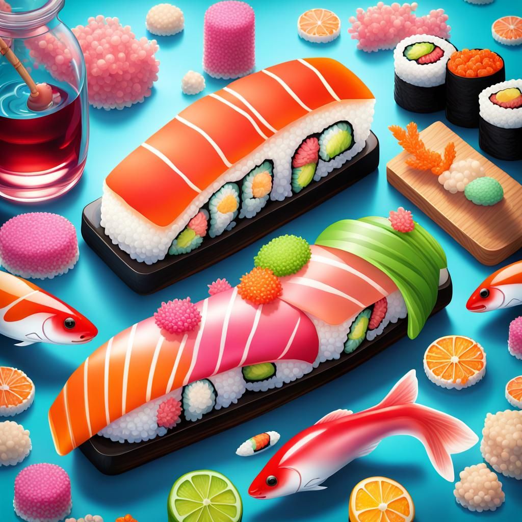 Fish Eat Sushi in a Candy Art Aquarium
