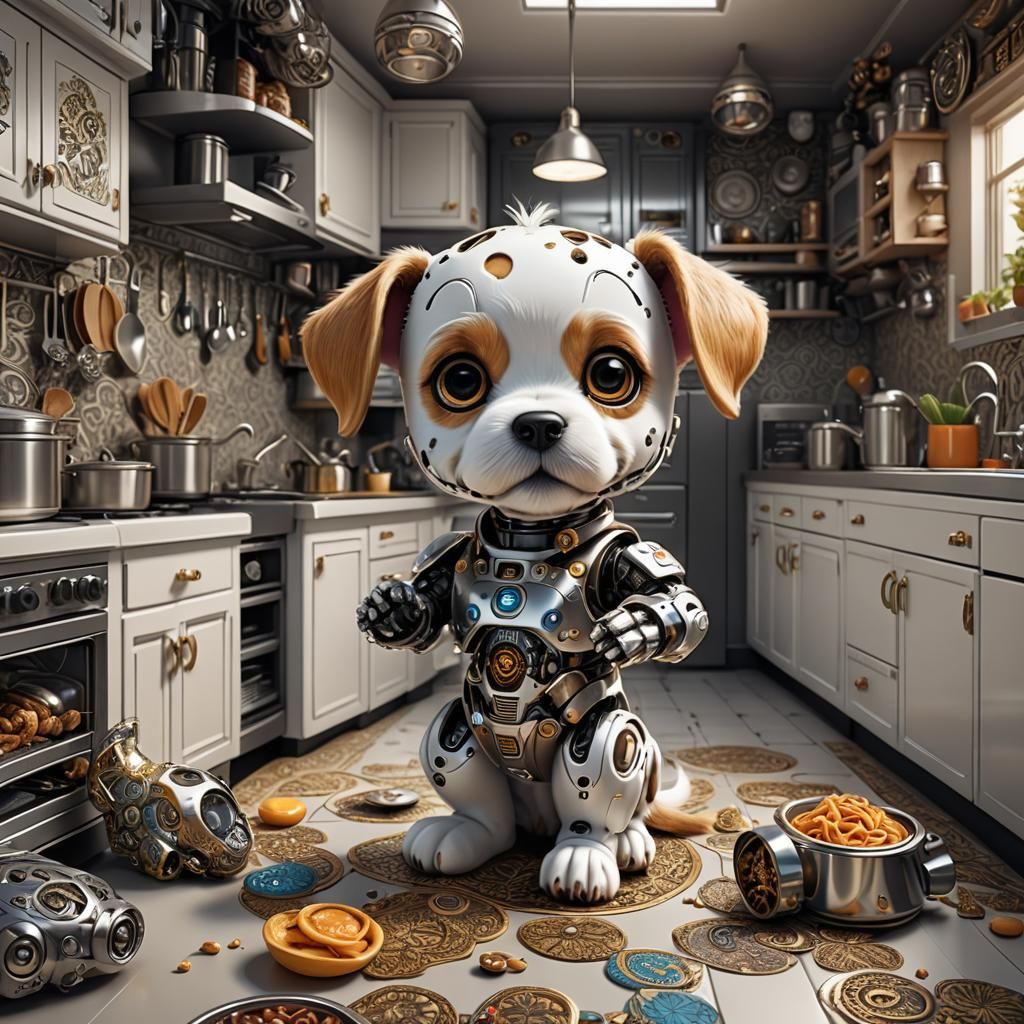 Adorable Chibi Robot Puppy Begging for Bone