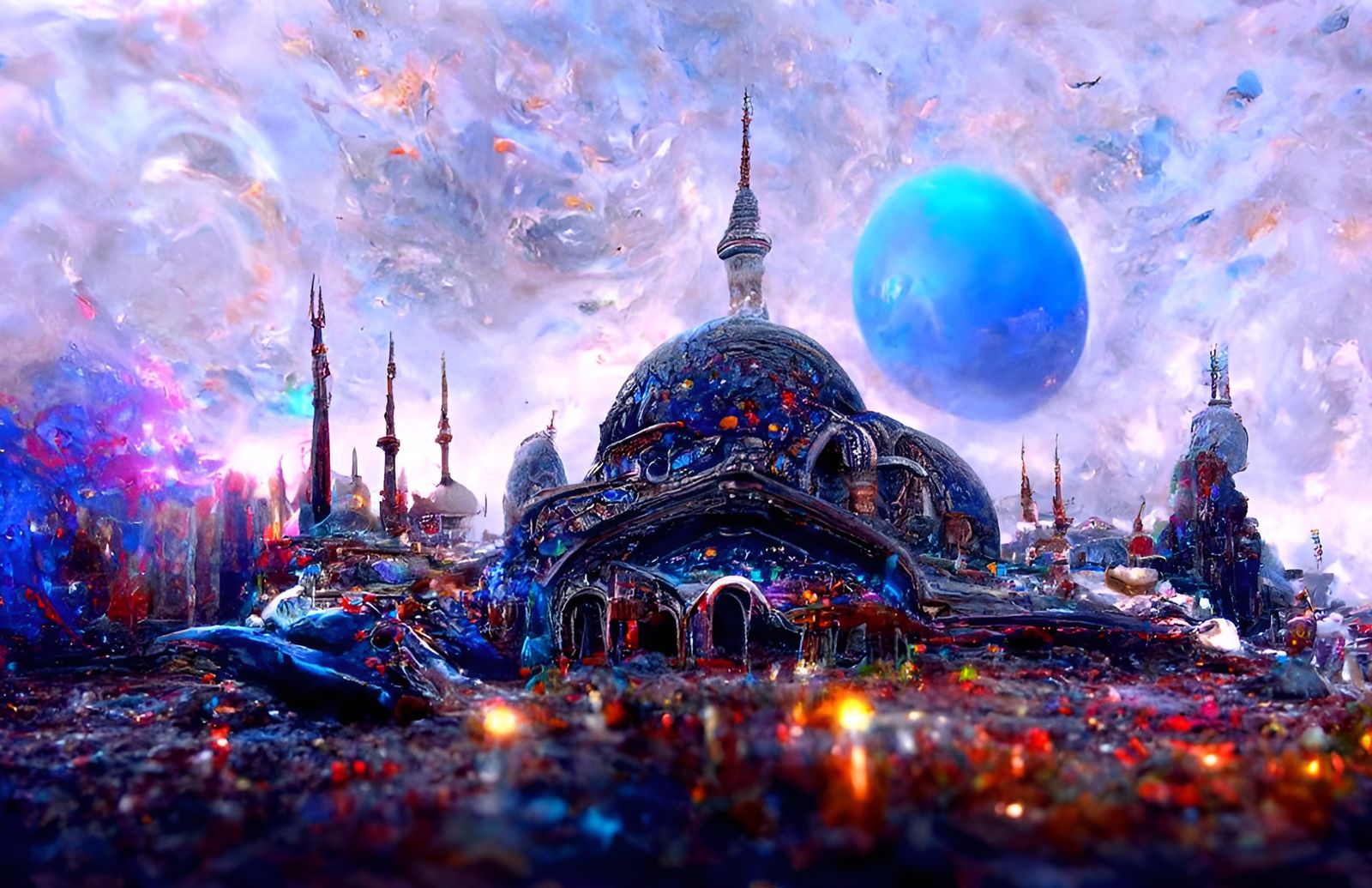 Futuristic Galactic Blue Mosque in Cel-Shaded Style