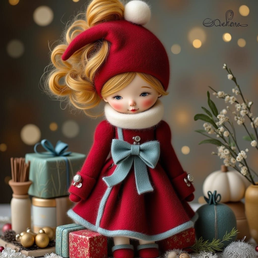 Festive Toddler in Santa Dress with Gifts