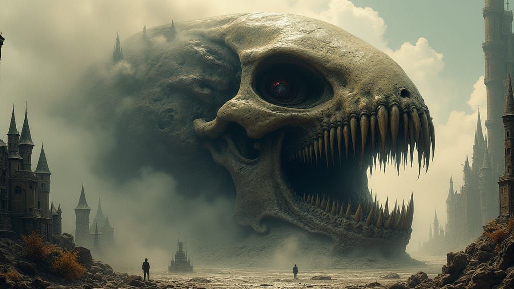Gigantic Alien Skull with Gothic Town