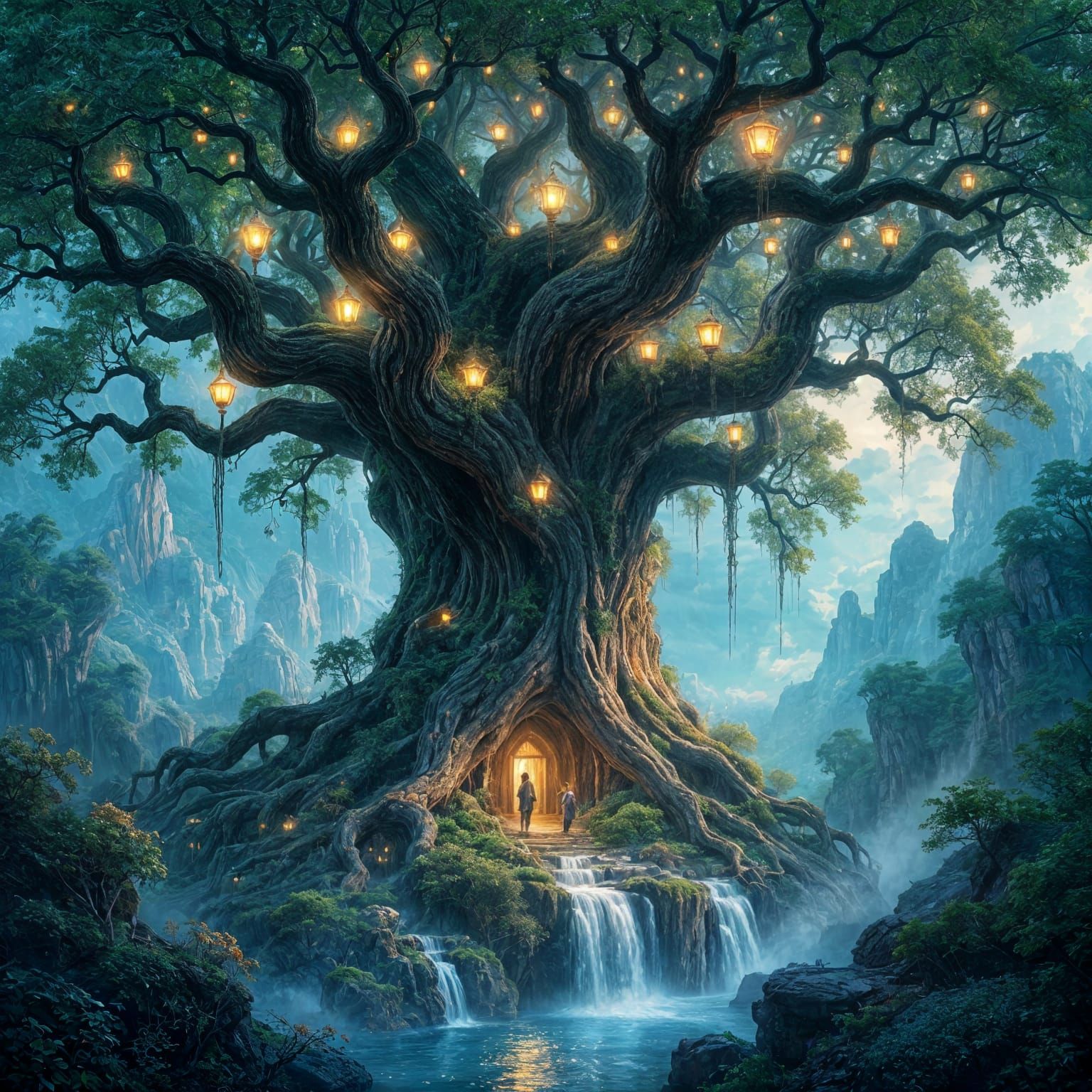 Hidden Village in Bioluminescent Ironwood Tree