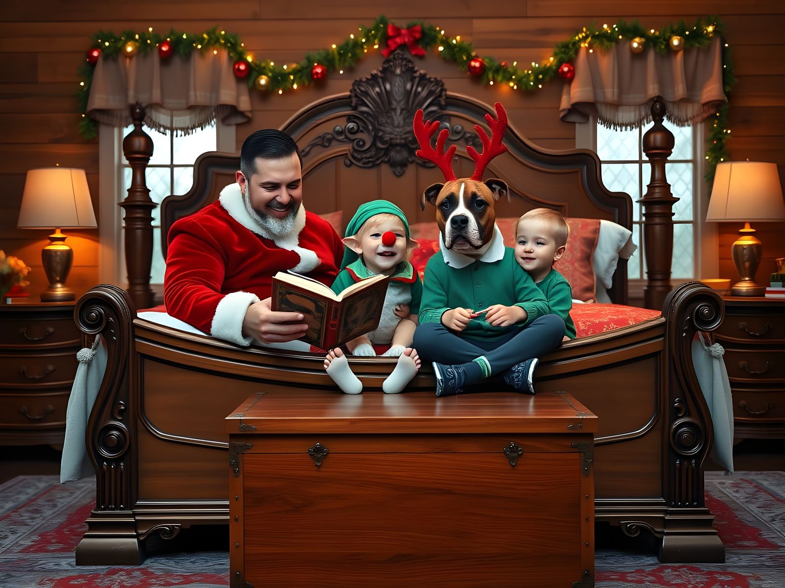 Heartwarming Christmas Scene with Family and Cozy Bedframe