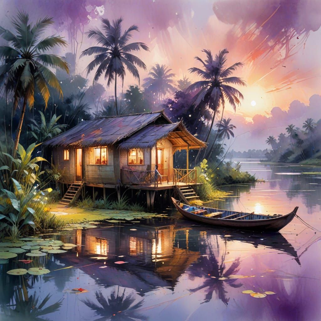 Surreal Sunset Serenity in Kerala's Emerald Backwaters