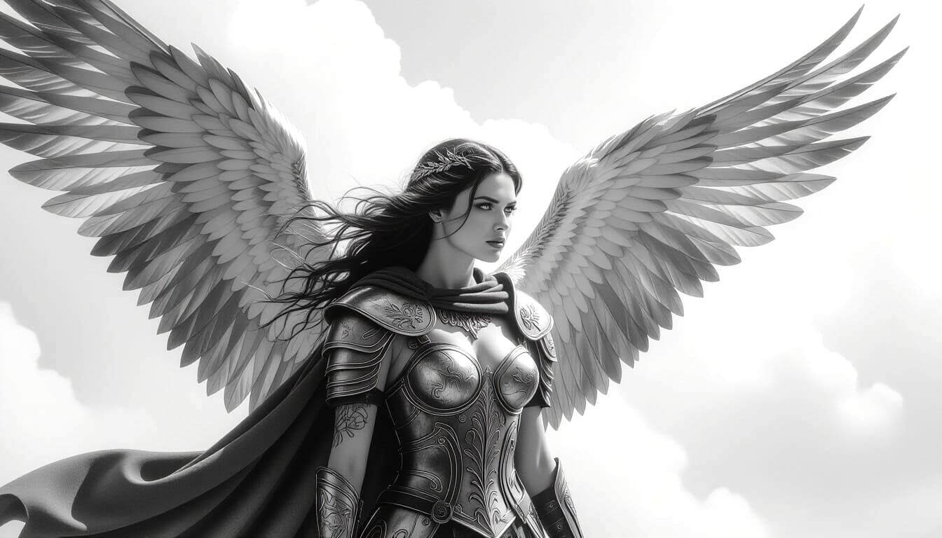 Monochrome Angel with Wings in Detailed Ink Art