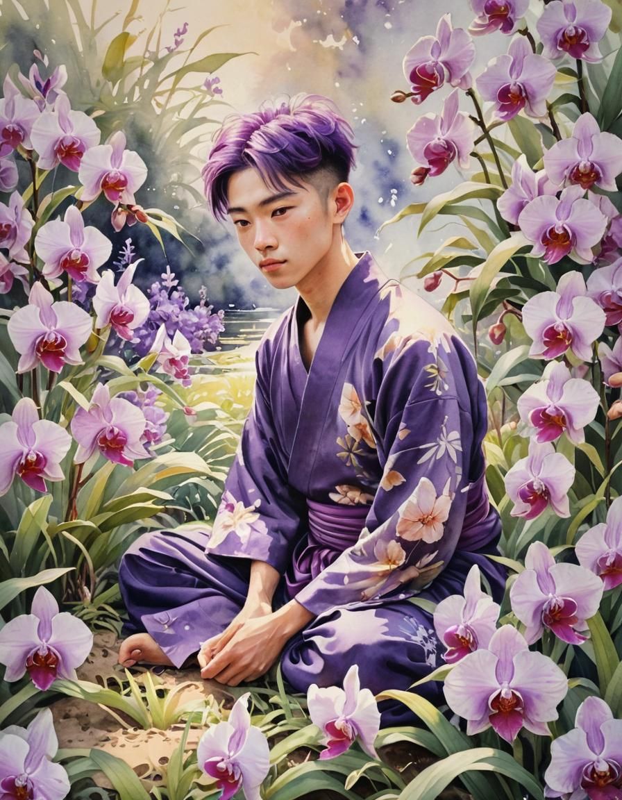 Japanese Boy in Vibrant Orchid Field