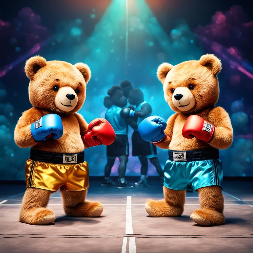 Teddy Bears in Fantasy Boxing Match: Digital Art