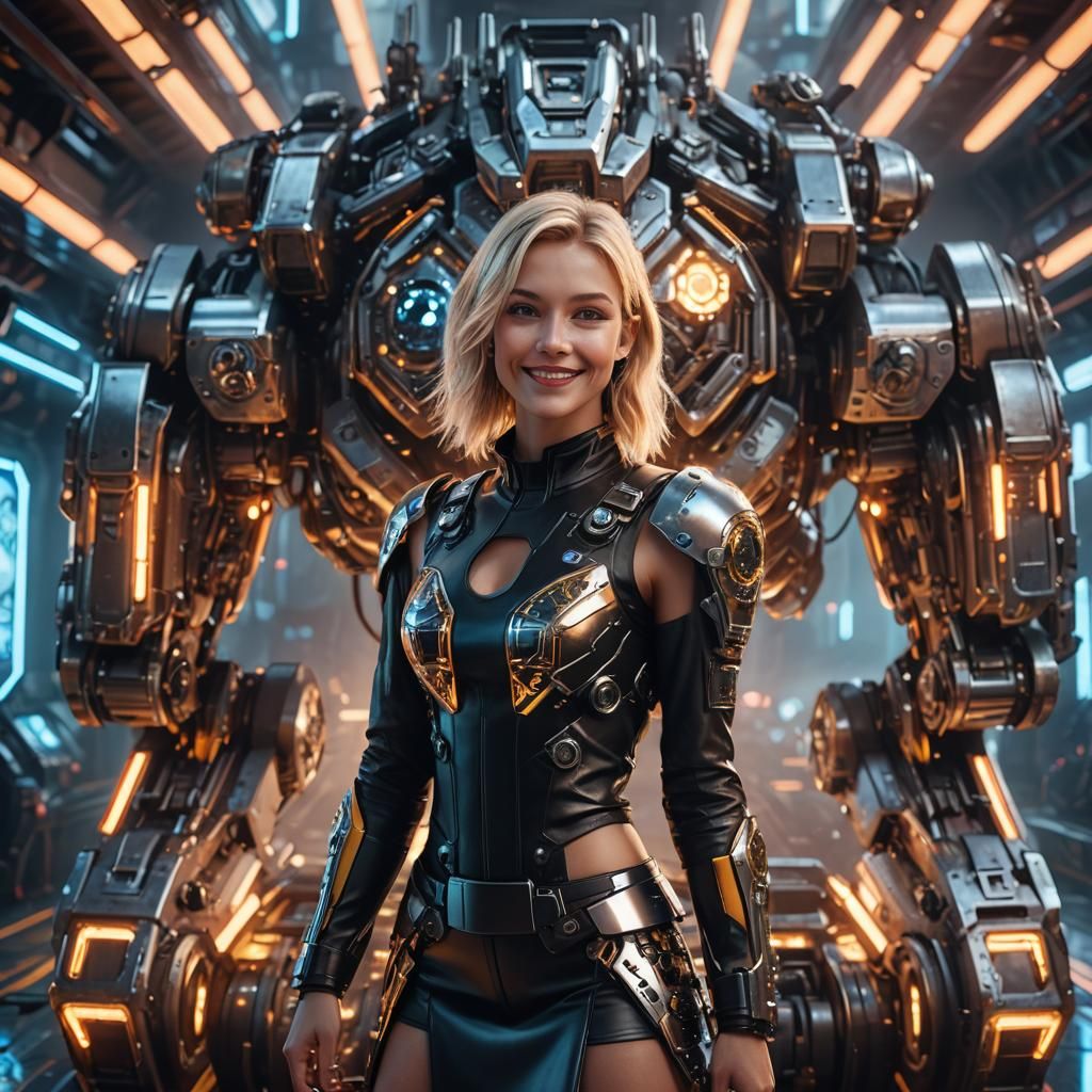 Sci-Fi Portrait of Smiling Blonde in Cyberpunk Style