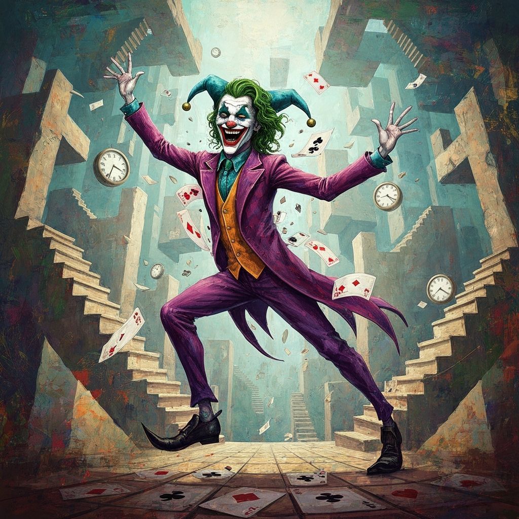 Joker as Chaotic Jester in Surreal Escher Landscape