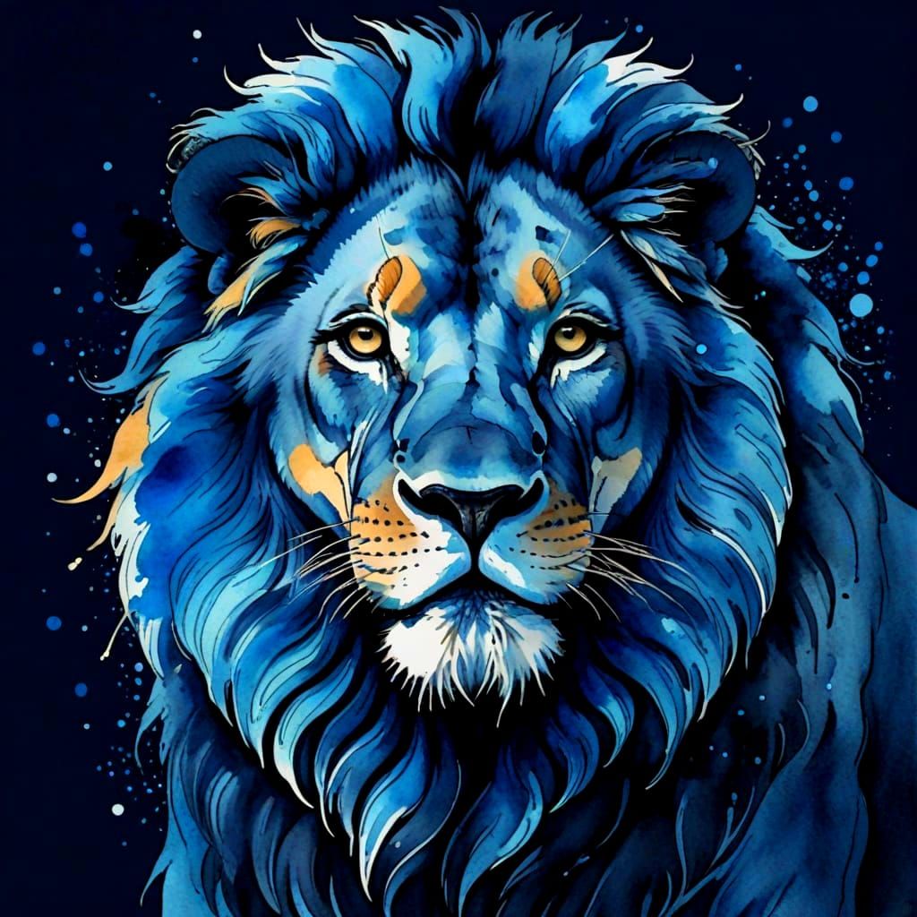 Blue Lion Watercolor Painting with Pen and Ink
