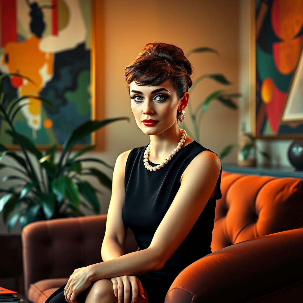 Elegant Audrey Hepburn in Art Deco New York Apartment