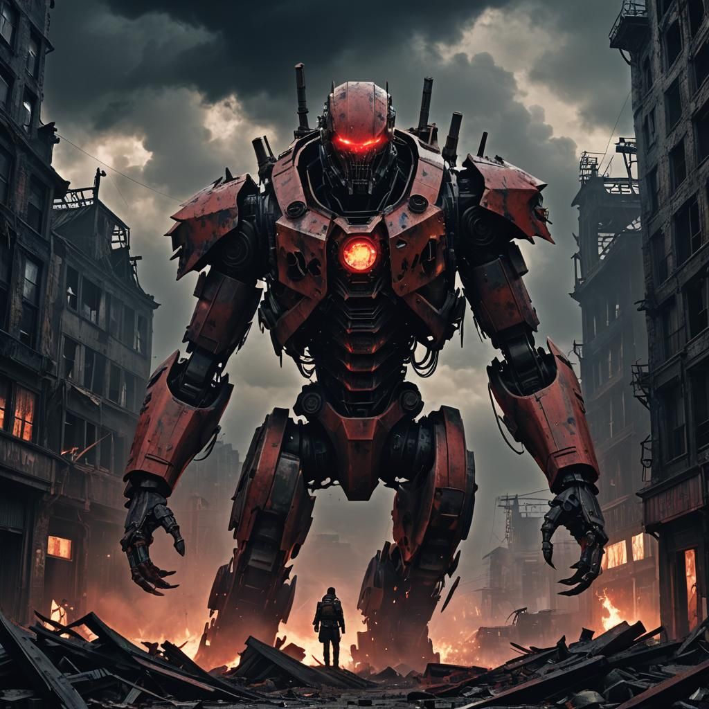 Battle-Damaged Jaeger in Ruined Gothic City