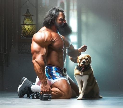 Bodybuilder playing with dog with a stained-glass background, big beard, thick six pack sinister by Greg Rutkowski