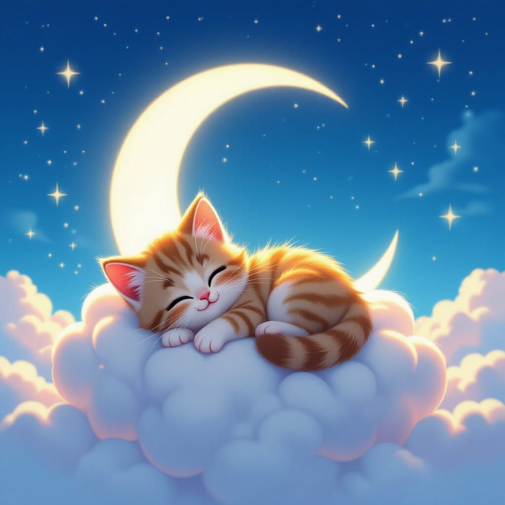 Kitten Sleeps on Cloud in Disney Cartoon Style