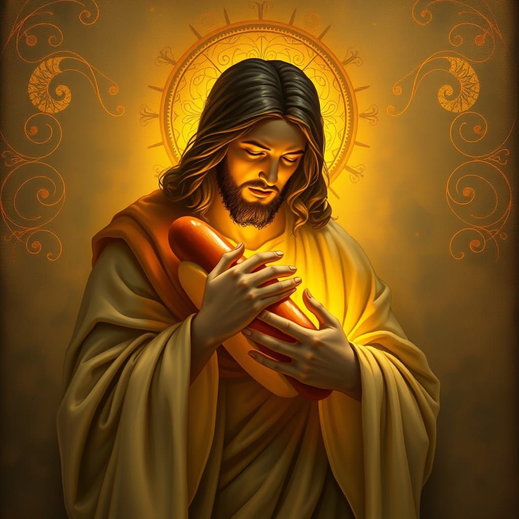 Jesus Cradling Hotdog in Ethereal Digital Art