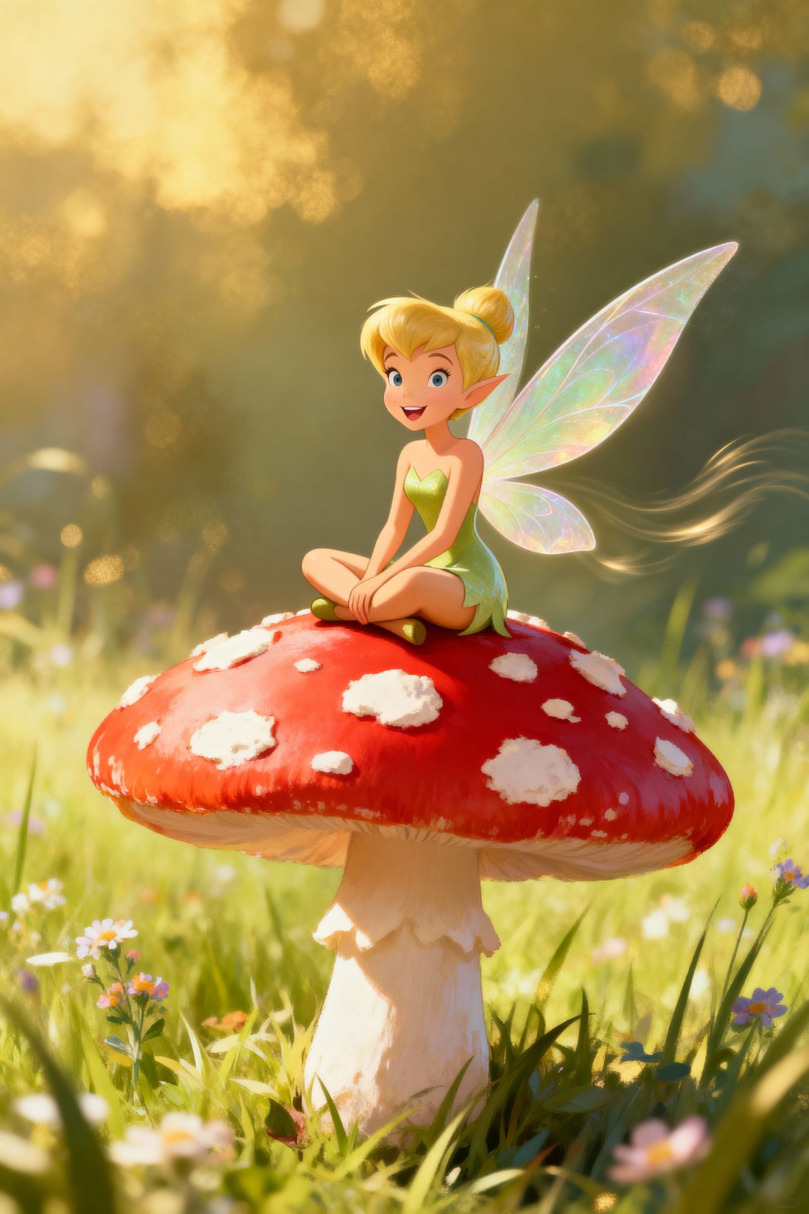 Tinkerbell Sits Smiling on a Mushroom
