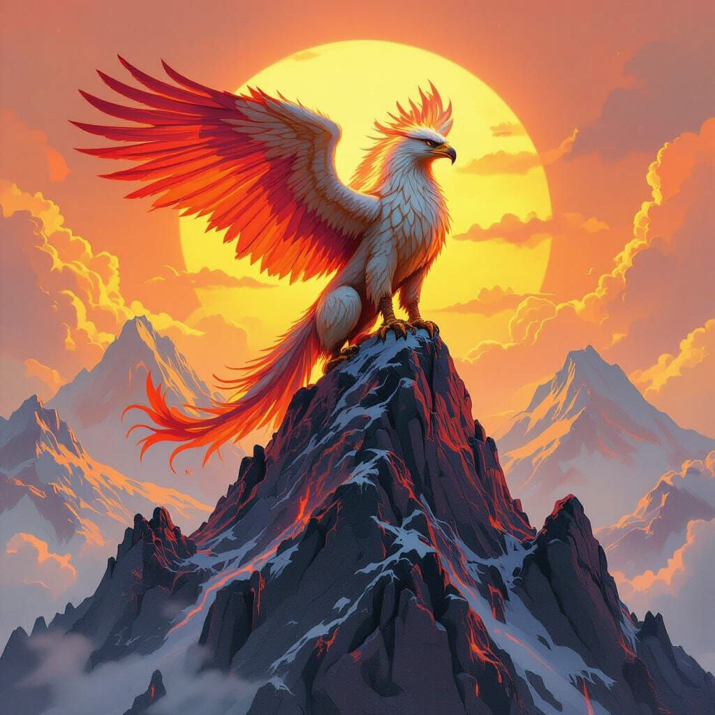 Fiery Griffin Perched Atop Mystical Mountain