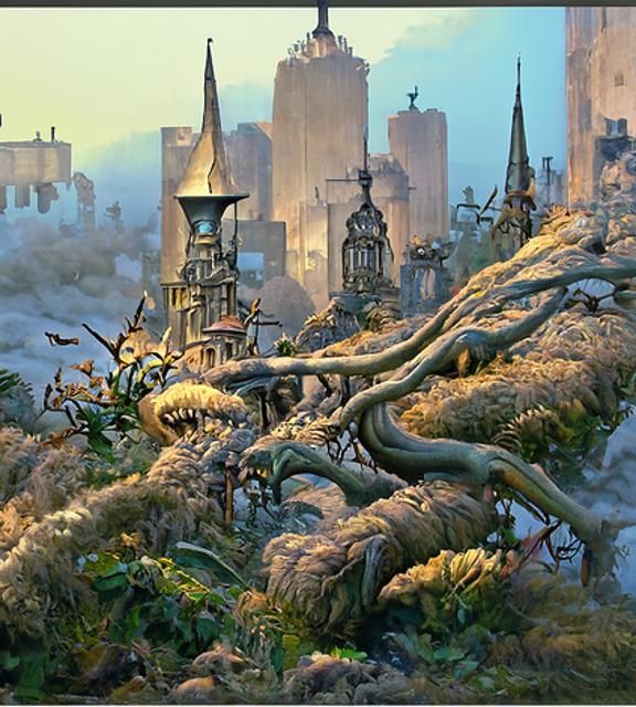 Overgrown City in Valley: Ethereal Fantasy Oil Painting