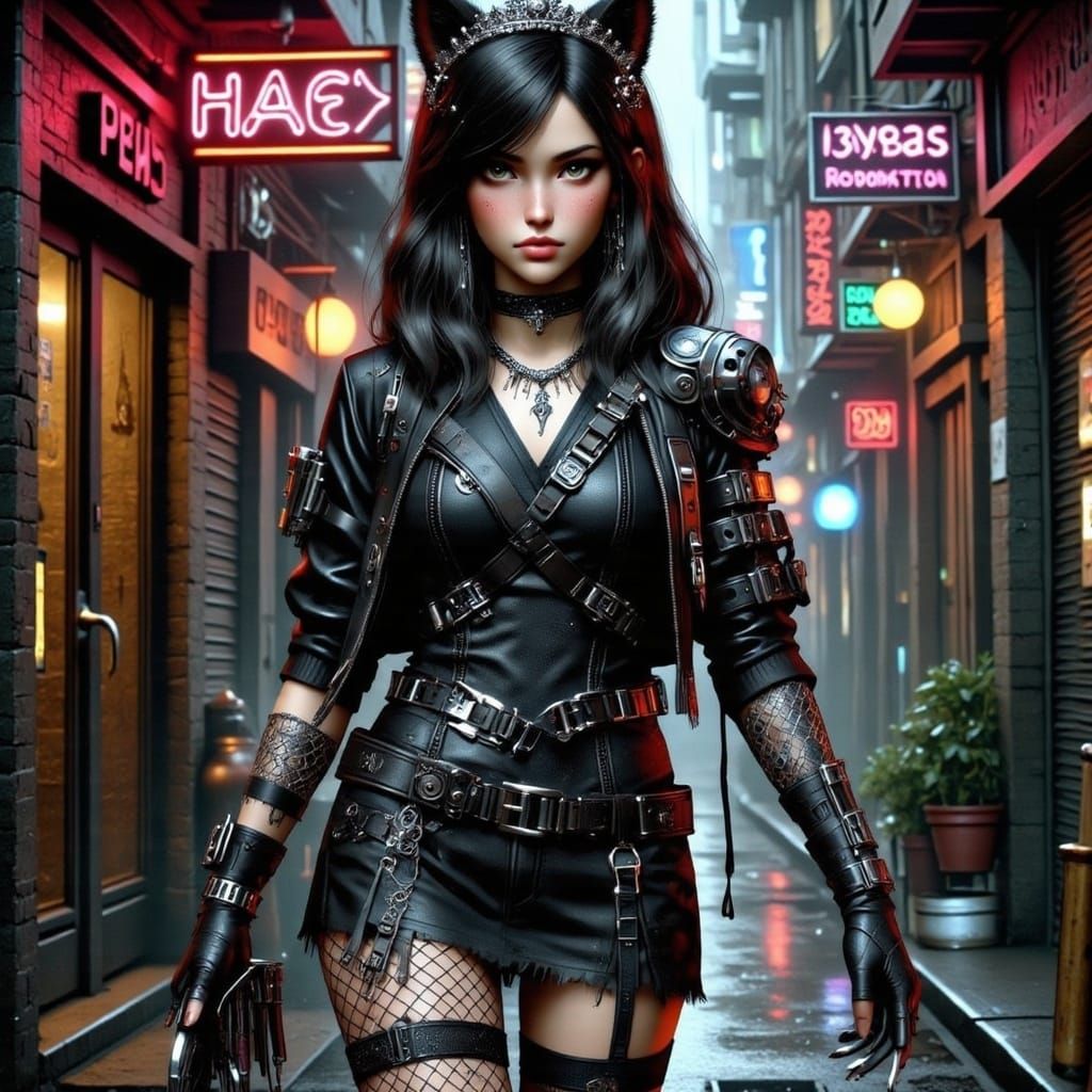 <lora:Cyber-Fantasy-Punk:1.0> <lora:Powerful Women:1.0>Cyberpunk wolflike folk gang princess wearing a sleek black leath...