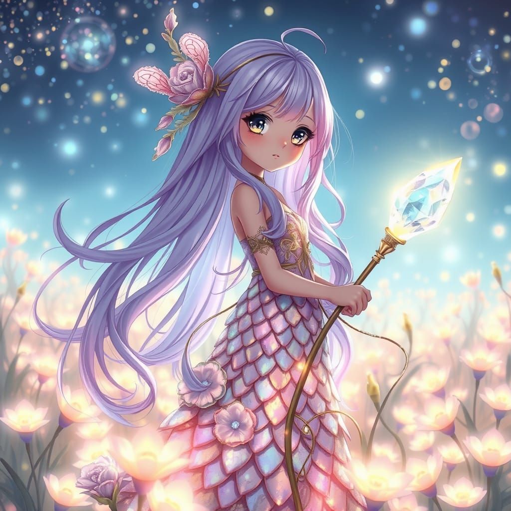 Anime Fantasy Girl Among Glowing Flowers