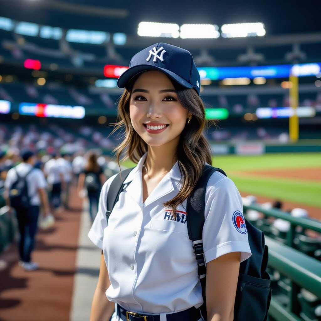 Cheerful Japanese Vendor in Baseball Stadium