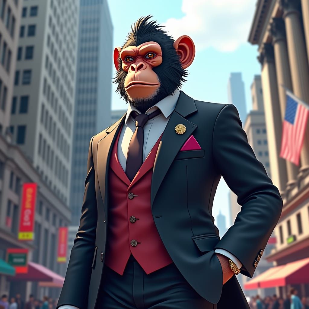 Cybernetic Monkey on Wall Street in 3D Anime Art